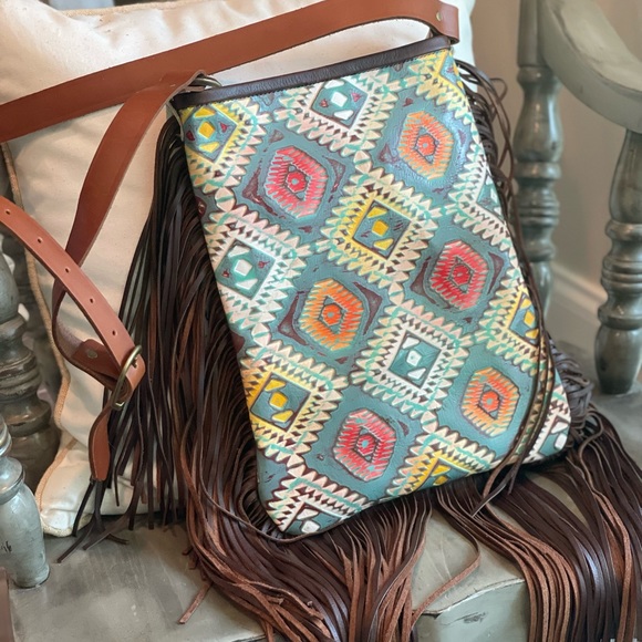 Aztec print with fringe crossbody purse with adj strap leather USA made - Picture 11 of 14